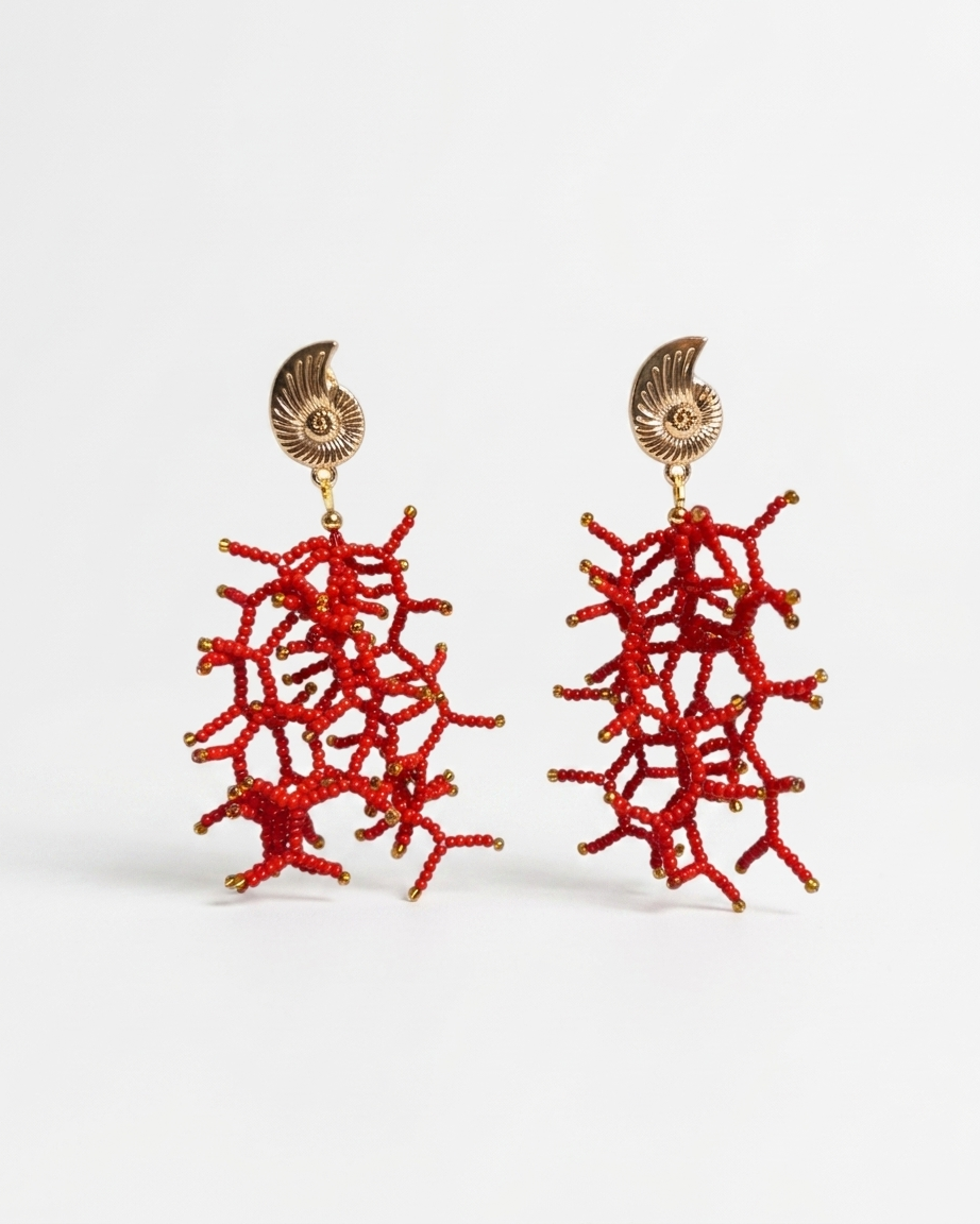 Aretes Diseño de Coral Tejido en Cuentas de Vidrio