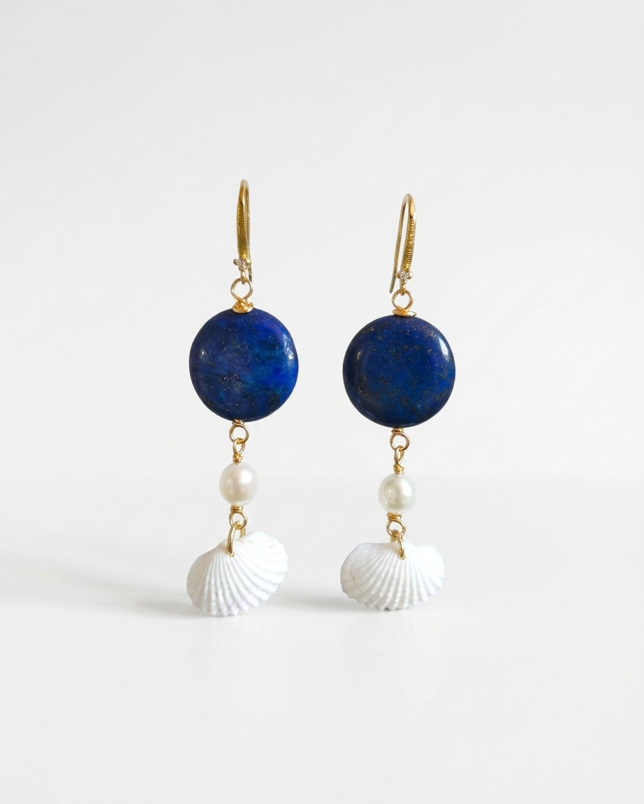 Aretes Moneda de Lapislázuli Perlas Naturales y Concha