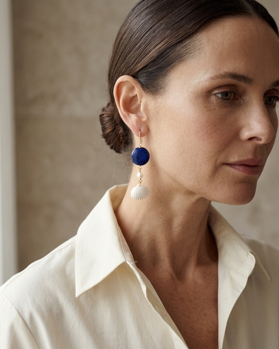 Aretes Moneda de Lapislázuli Perlas Naturales y Concha