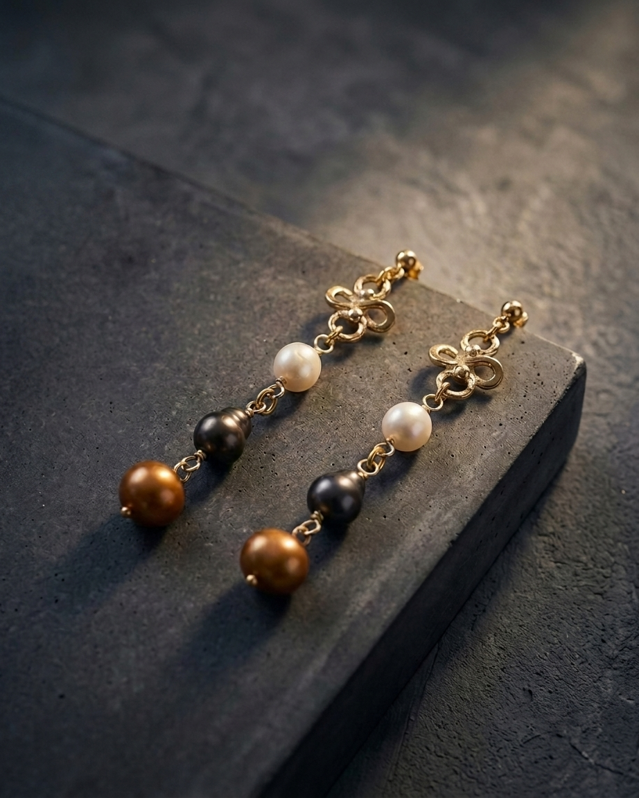 Aretes de Perlas Naturales y Oro Laminado en Tonos Tierra