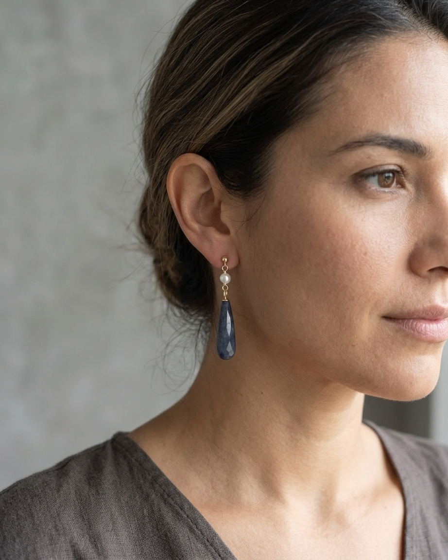 Aretes Gota de Jade Azul y Perlas Naturales
