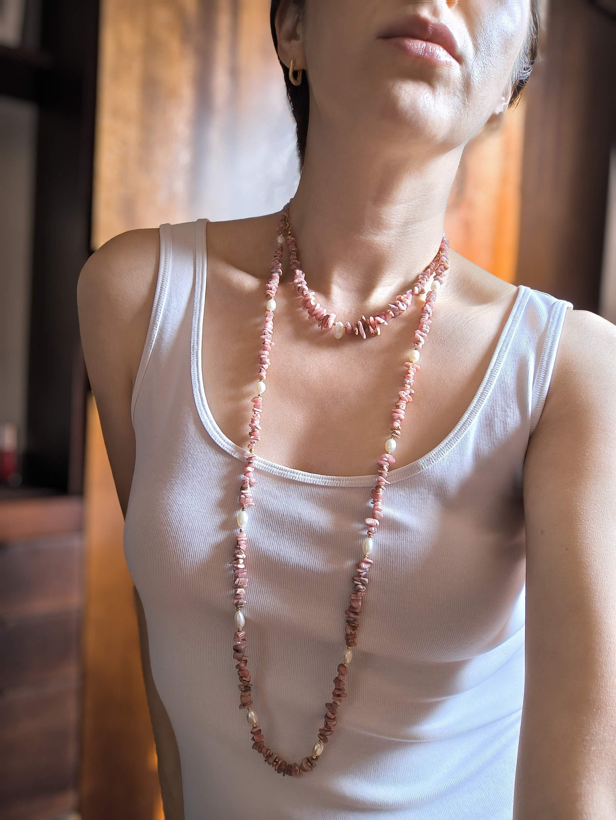 Collar Doble Nuggets de Rodonita y Perlas Naturales