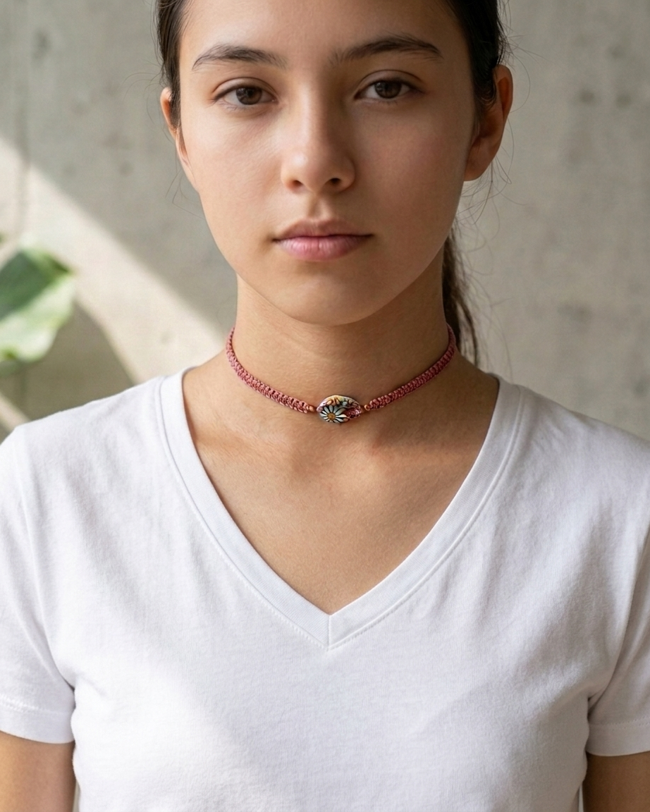 Collar Tipo Choker Macramé Rosa Caracol Pintado