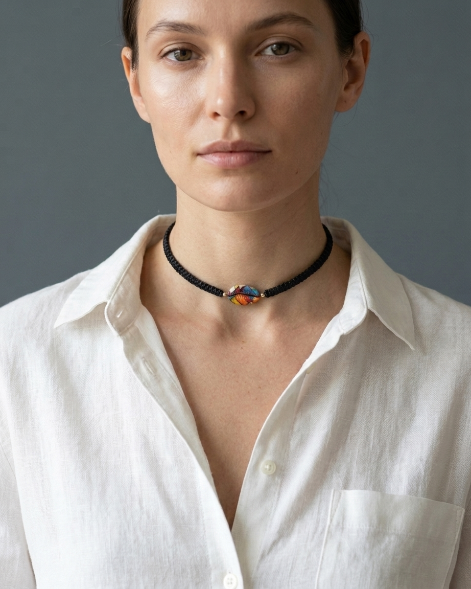 Collar Tipo Choker Macramé Negro Caracol Pintado