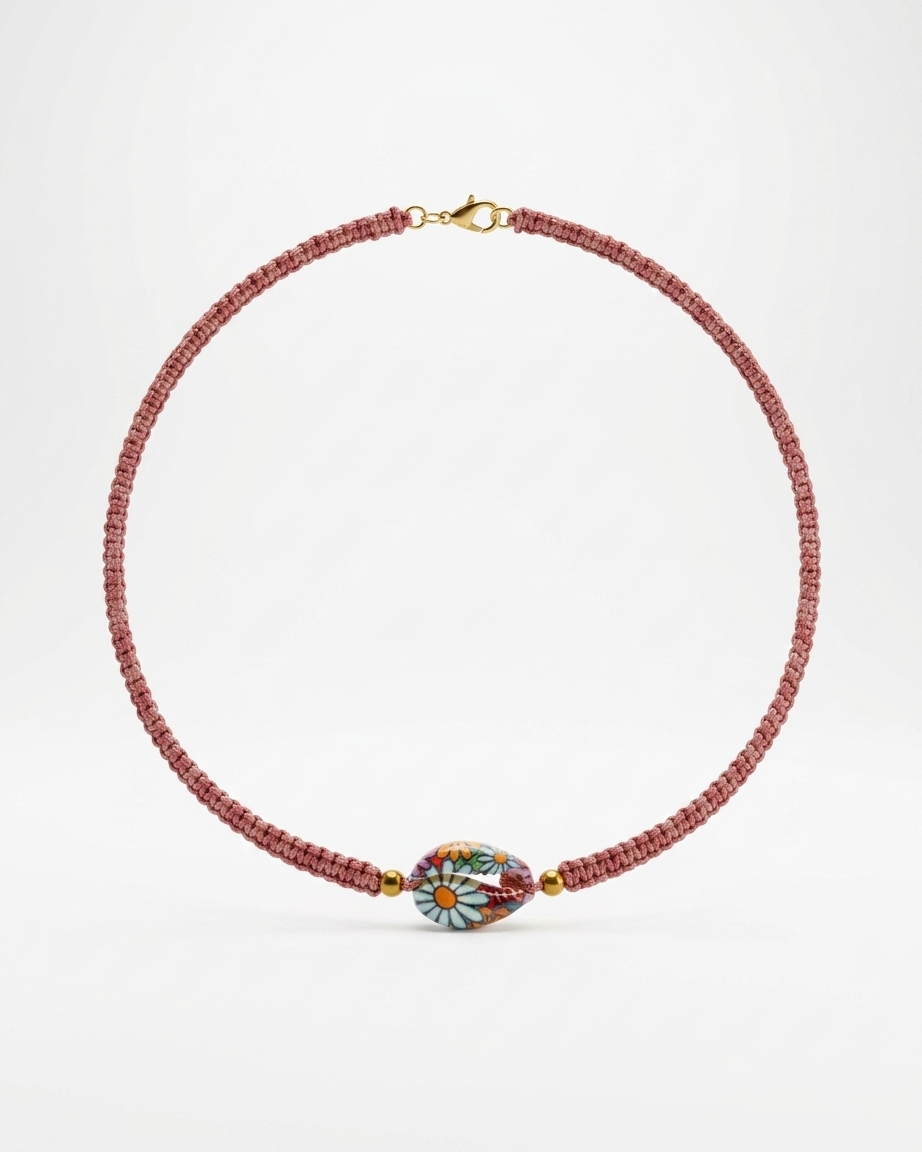 Collar Tipo Choker Macramé Rosa Caracol Pintado
