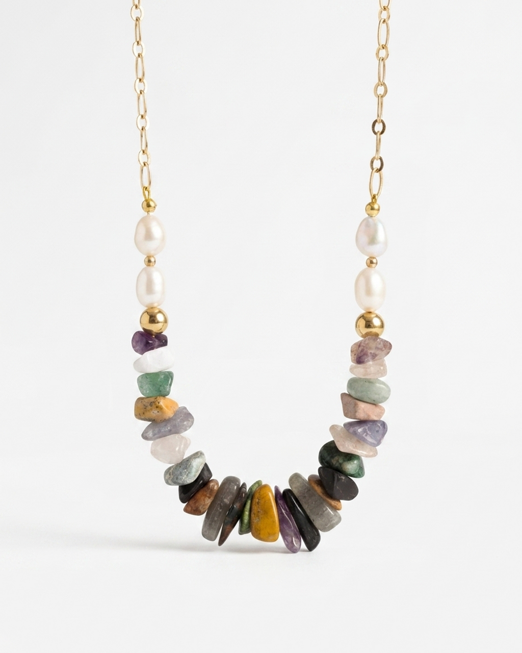 Collar Chips de Piedras Naturales y Perlas Naturales en Oro Laminado