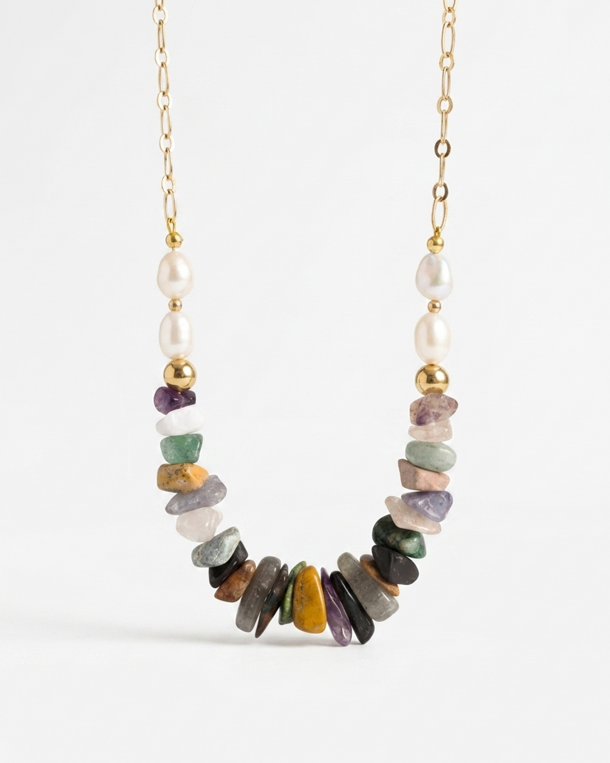 Collar Chips de Piedras Naturales y Perlas Naturales en Oro Laminado