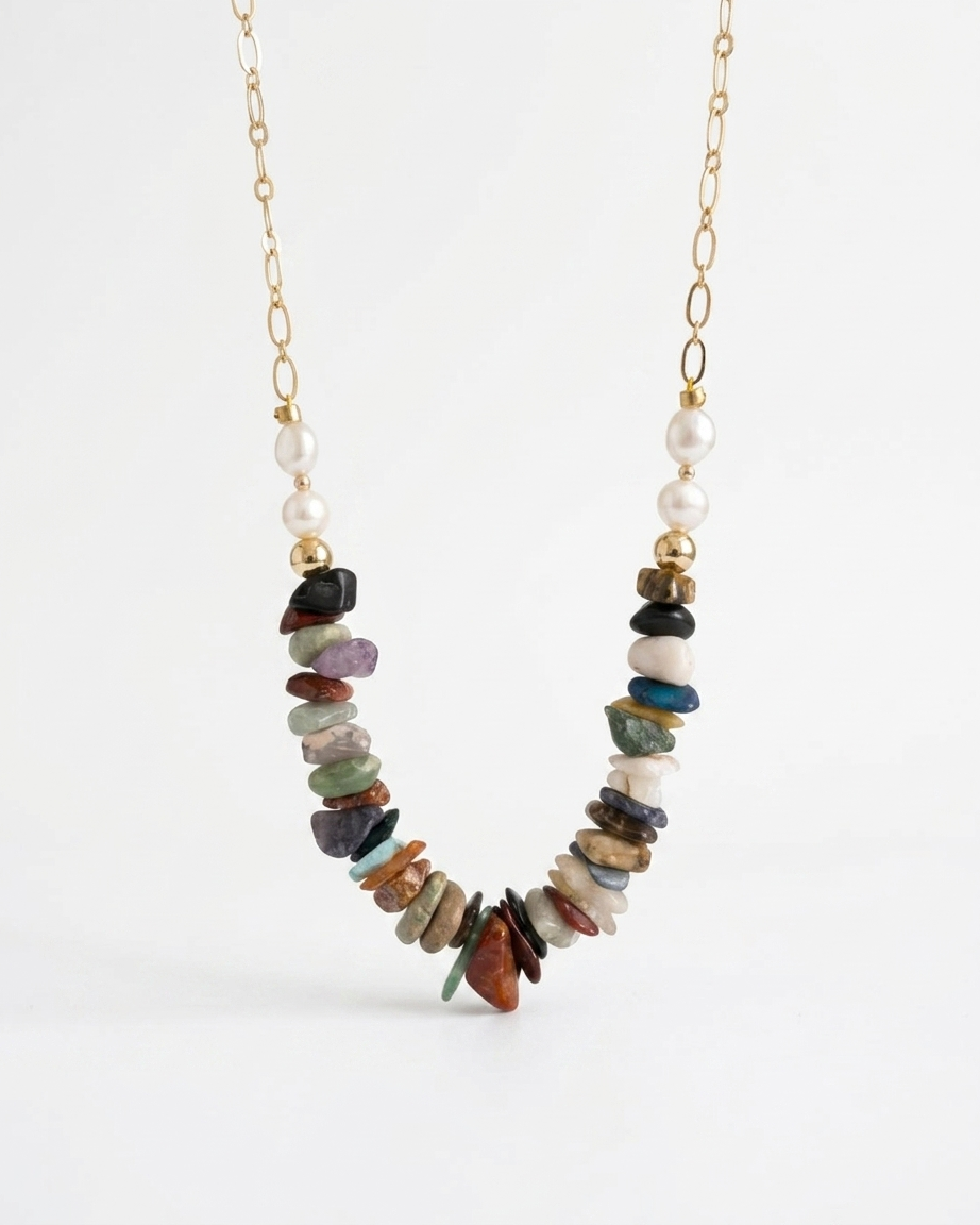 Collar Chips de Piedras Naturales y Perlas Naturales en Oro Laminado