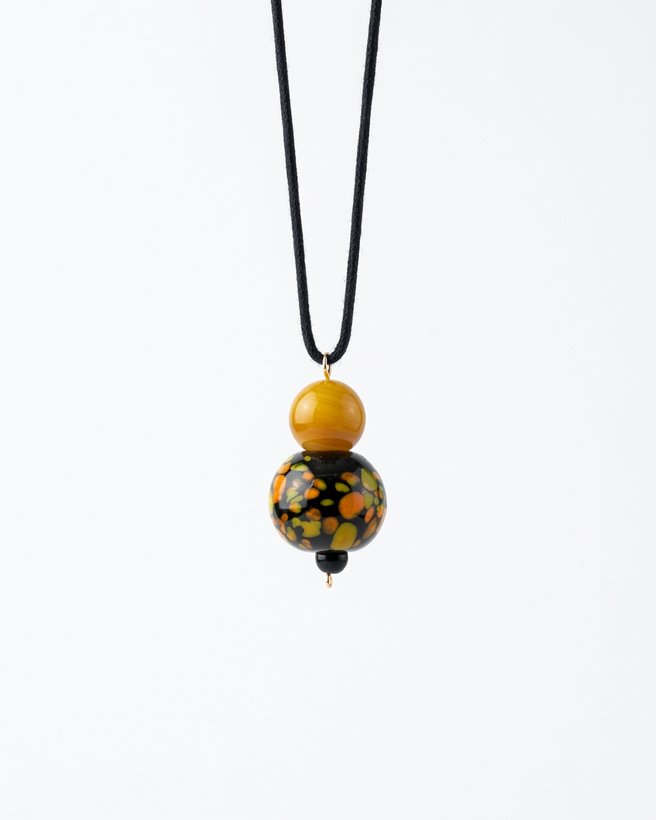 Collar Escultura de Agata y Cristal Murano Amarillo y Naranja en Cordón de Algodón