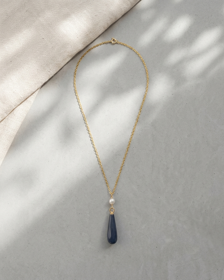 Collar Gota de Jade Azul y Perlas Naturales