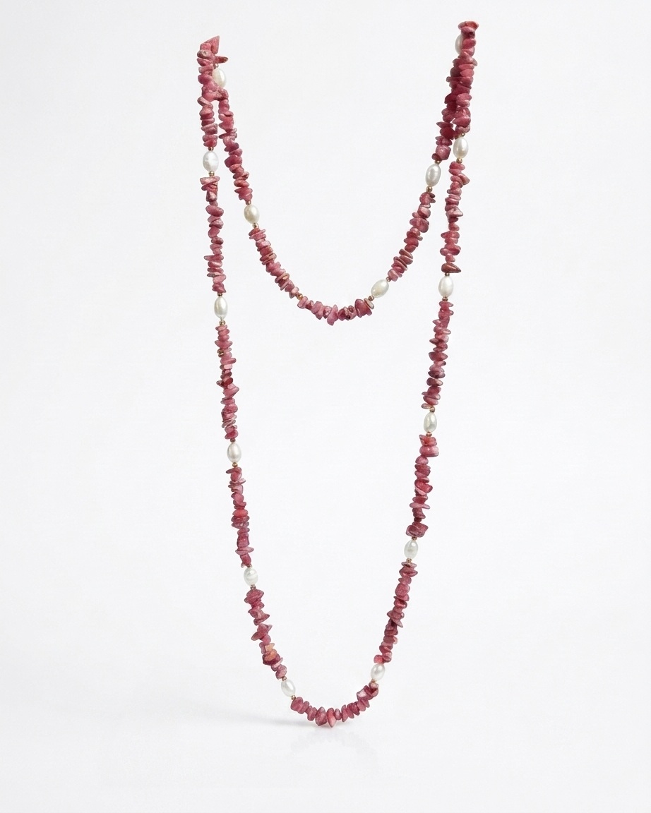 Collar Doble Nuggets de Rodonita y Perlas Naturales