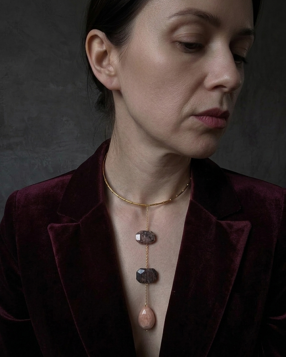 Collar de Rodonita Cristal de Murano Natural Colgante y Hematita Dorada