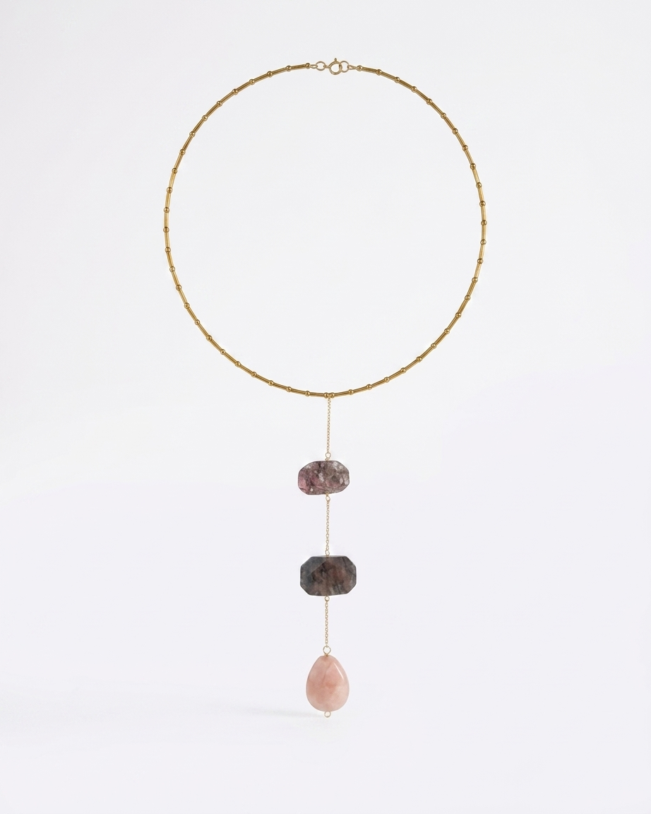 Collar de Rodonita Cristal de Murano Natural Colgante y Hematita Dorada