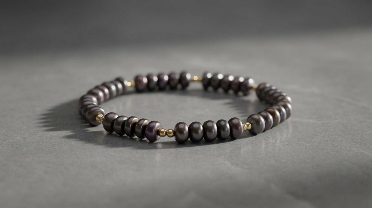 Pulsera de Perlas Naturales Tipo Dona Gris Oxford y Oro Laminado