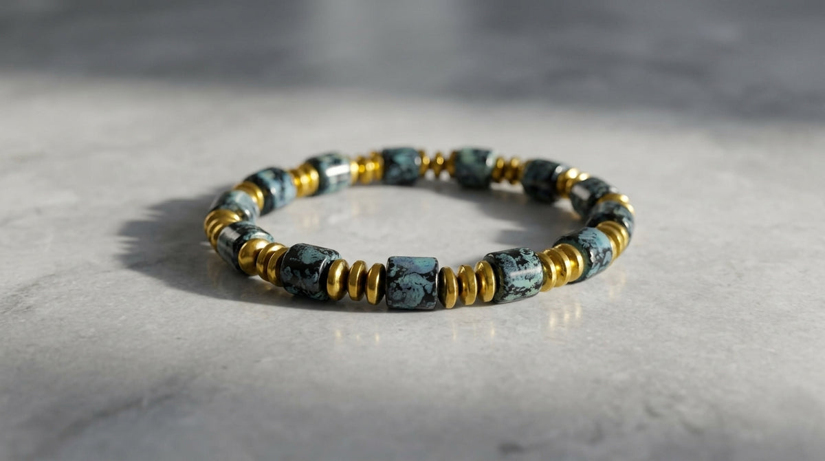 Pulsera en Cerámica Veteada y Hematita Natural.