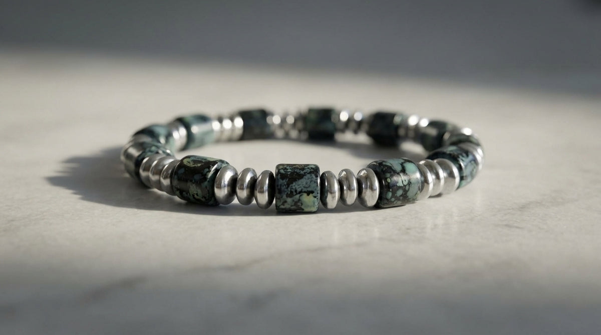 Pulsera en Cerámica Veteada y Hematita Natural.