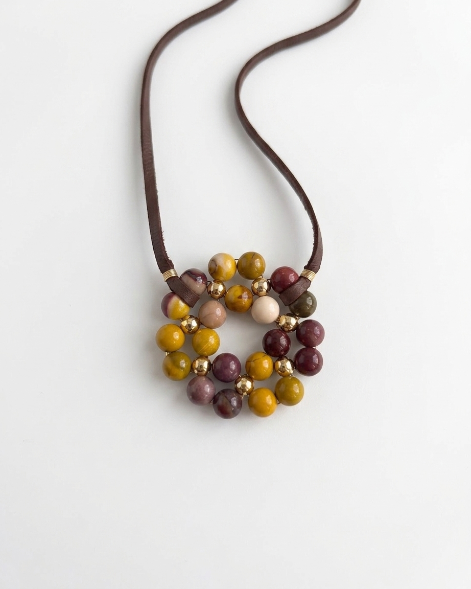 Collar de Jaspe Mokaita Diseño Tejido y Cuero Natural